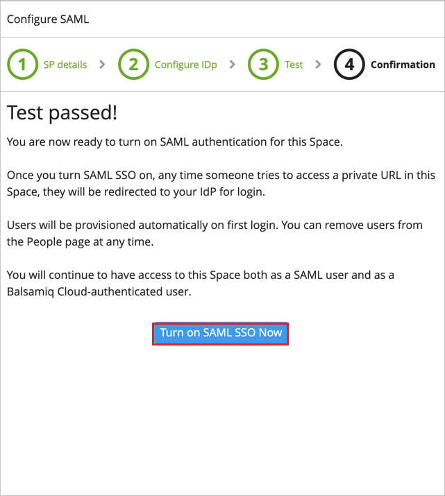 Captura de pantalla que muestra test SAML (Probar SAML).