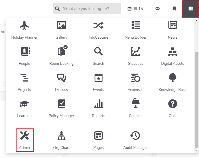 Captura de pantalla que muestra el sitio web claromentis con el administrador seleccionado.