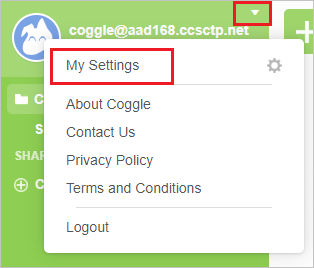 Captura de pantalla que muestra el sitio de la compañía Coggle con Mis configuraciones seleccionadas.
