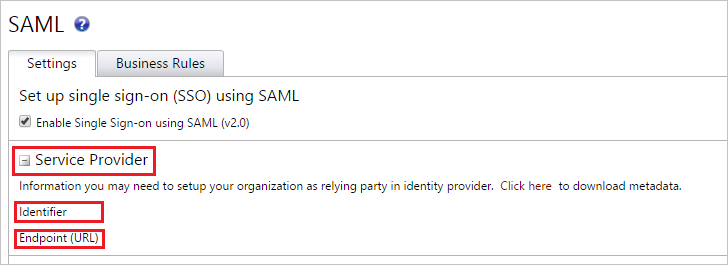 Captura de pantalla que muestra la configuración de SAML, donde puede obtener los valores.