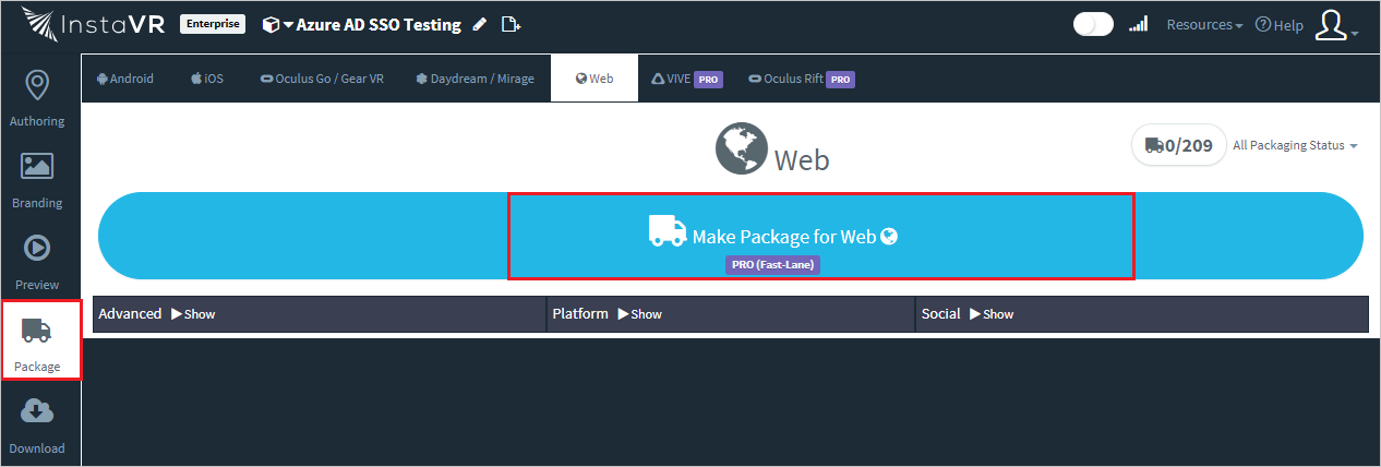 Captura de pantalla que muestra el sitio web de la empresa InstaVR Viewer con las opciones Seleccionar paquete y Crear paquete para Web seleccionadas.