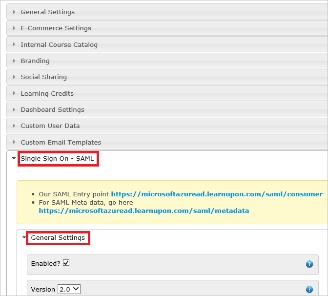 Captura de pantalla que muestra Single Sign On - SAML (Inicio de sesión único - SAML) con la opción General settings (Configuración general) seleccionada.
