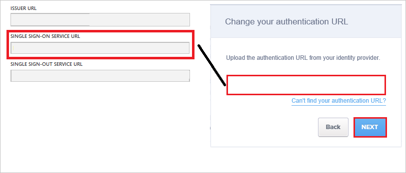 Captura de pantalla que muestra el panel Change your authentication U R L (Cambiar la U R L de autenticación), donde puede copiar la dirección U R L de inicio de sesión.