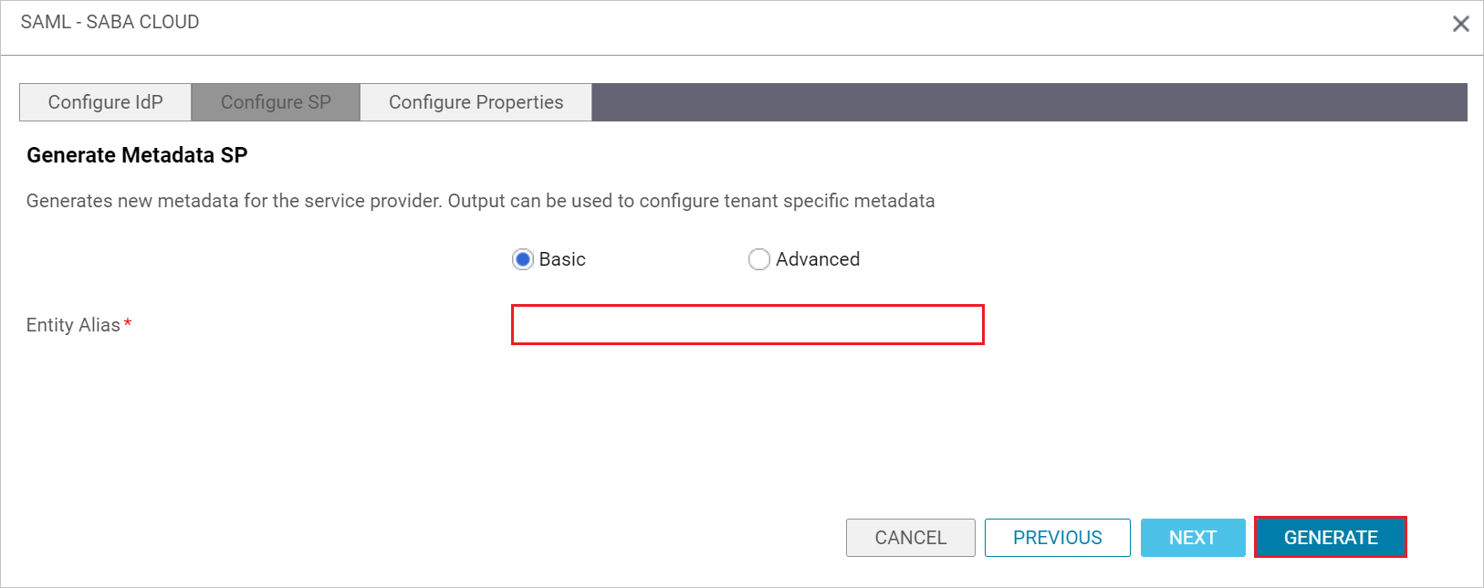 captura de pantalla para la configuración de SP