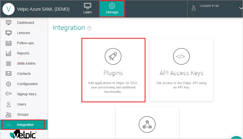 Captura de pantalla que muestra la página de integración, en la que se pueden seleccionar complementos.