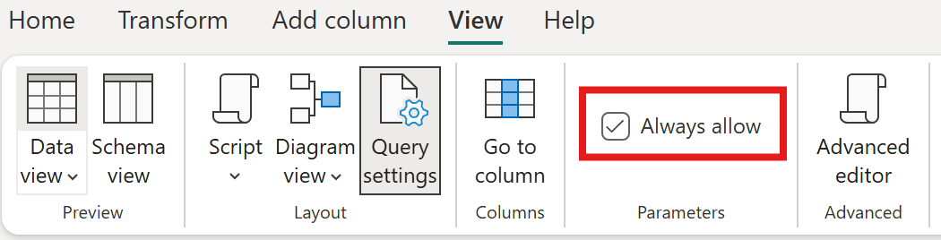 Captura de pantalla de la casilla Permitir siempre en la pestaña Ver de la cinta de opciones para habilitar el widget de entrada.