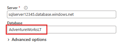 Captura de pantalla de la conexión a una base de datos de Azure SQL.