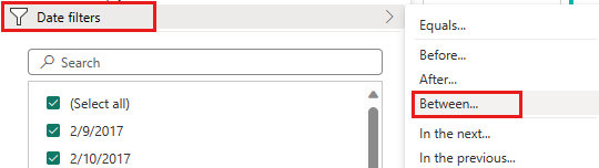 Captura de pantalla que muestra la selección de la opción Filtros de fecha en el menú desplegable de ordenación y formato de columna.