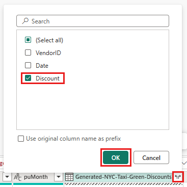 Captura de pantalla que muestra la consulta combinada con el menú de selección de columna que se muestra para la columna recién generada Generated-NYC-Taxi-Green-Discounts.