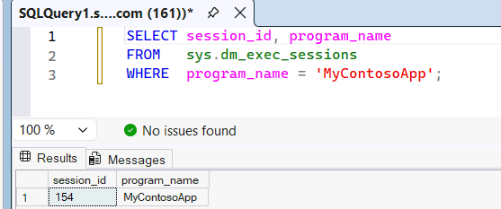 Captura de pantalla de SQL Server Management Studio que muestra los resultados de la consulta en sys.dm_exec_sessions y la sesión identificada por el nombre del programa MyContosoApp.