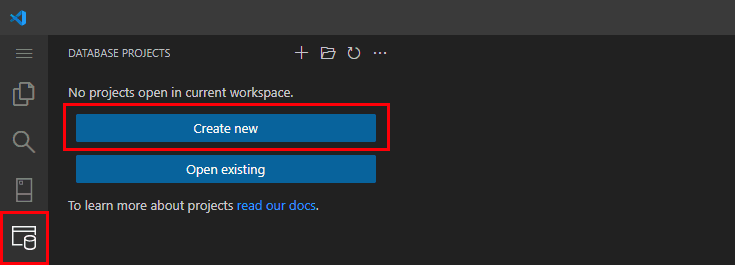 Captura de pantalla de Visual Studio Code mostrando el panel de extensión Database Projects y el botón Crear nuevo.