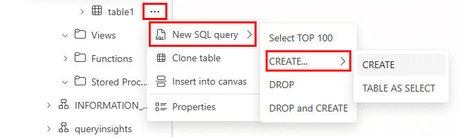 Captura de pantalla del portal de Fabric en la que se muestra cómo crear scripts de T-SQL de un objeto de base de datos.
