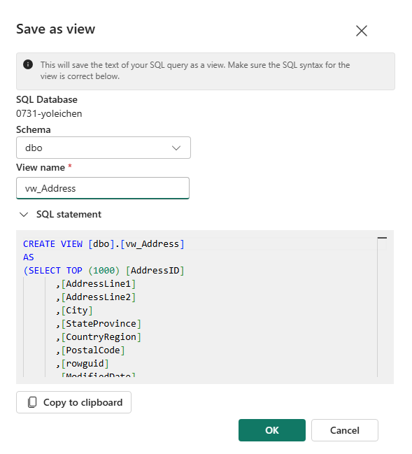 Captura de pantalla del portal de Fabric del editor de consultas SQL de la ventana de características Guardar como vista.
