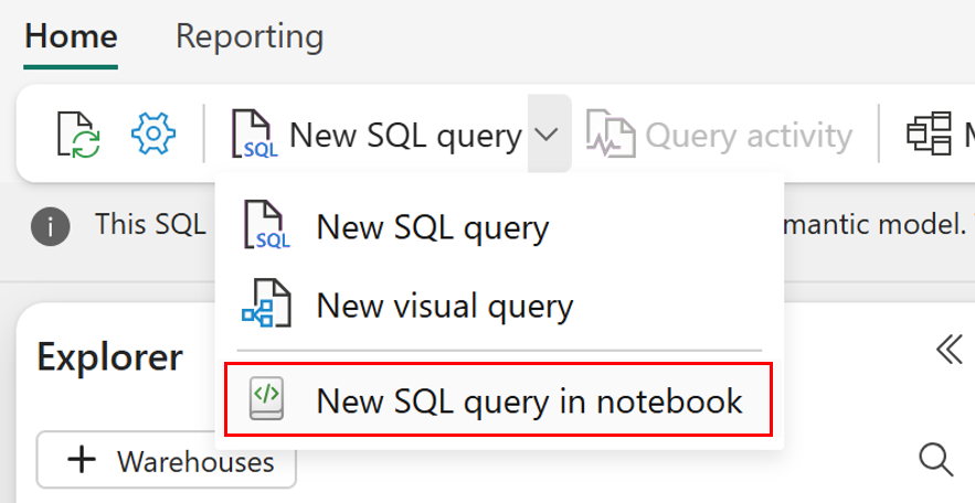 Recorte de pantalla del editor de consultas SQL del portal de Fabric en el que se muestra la lista desplegable Nueva consulta SQL.