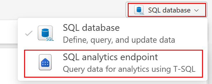Recorte de pantalla del portal de Fabric en el que se muestra la lista desplegable del editor de consultas que contiene las opciones de punto de conexión de análisis SQL y base de datos SQL.