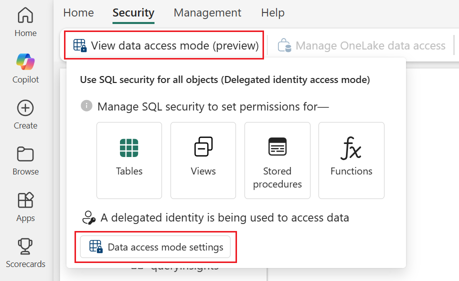 Captura de pantalla que muestra la navegación a la configuración del modo de acceso a datos para un punto de conexión de SQL Analytics.