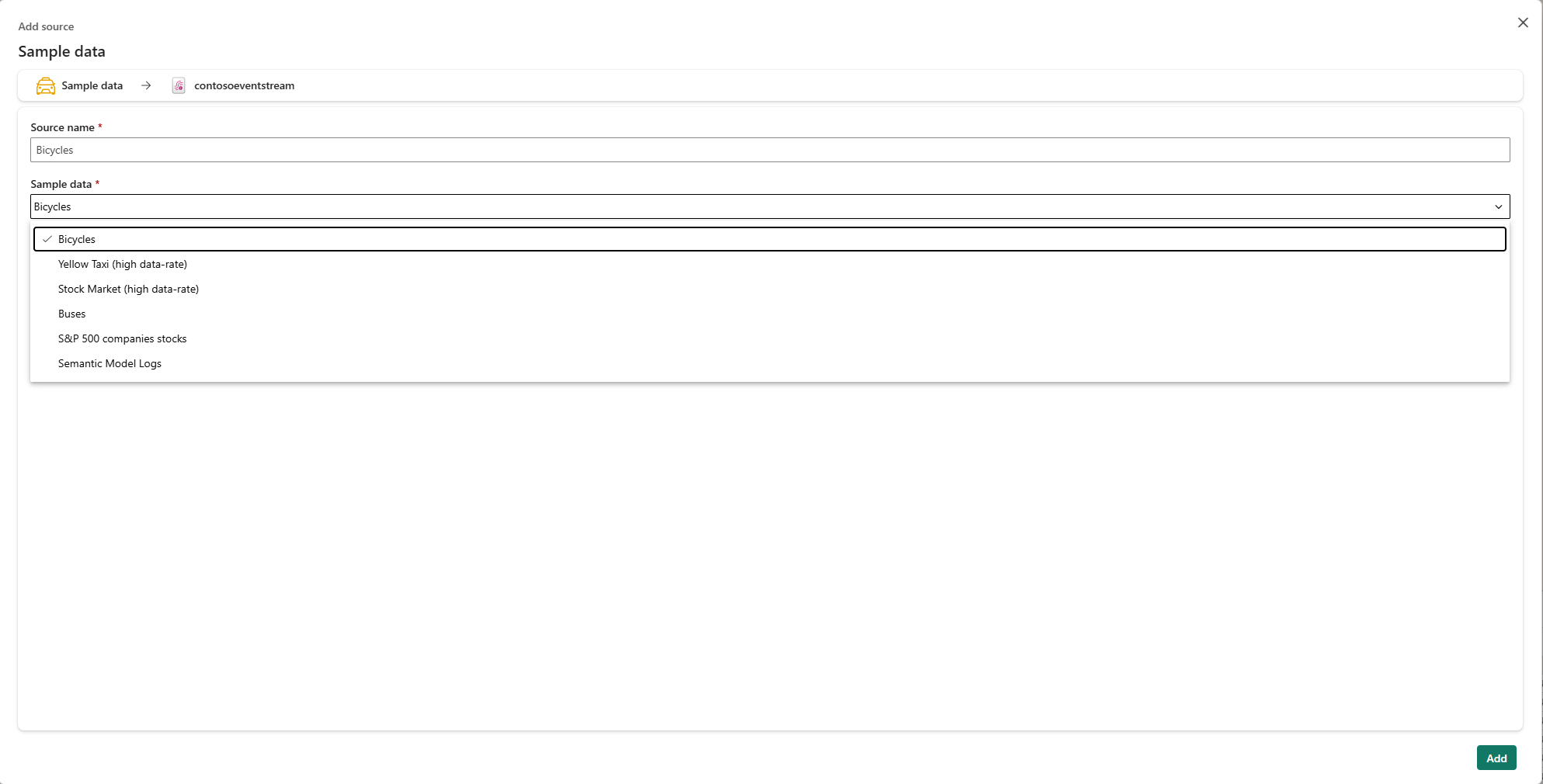 Captura de pantalla que muestra las opciones en el panel de datos de ejemplo.