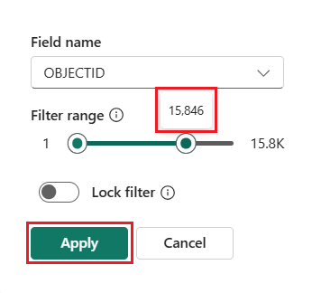 Captura de pantalla que muestra un cuadro de diálogo de filtro para configurar un filtro de rango numérico. La lista desplegable Nombre de campo se establece en YEAR en la parte superior. A continuación, la sección de rango de filtro muestra un control deslizante horizontal con una pista verde entre dos manecillas circulares, que abarca de 1900 a la izquierda a 2000 a la derecha. Un tooltip muestra el valor 2025 encima de la manecilla derecha, demostrando lo que sucede al mantener el puntero sobre un punto en el deslizante. En la parte inferior, aparece un interruptor de alternancia bloqueo del filtro en la posición desactivada, seguido de los botones Aplicar y Cancelar.
