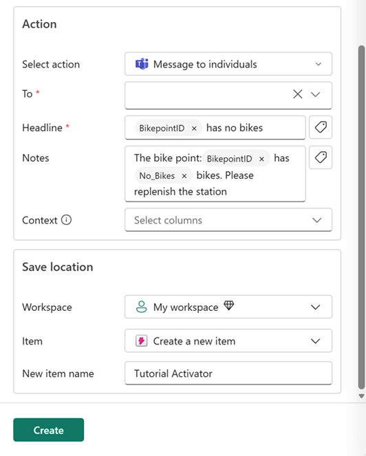 Captura de pantalla del panel Establecer alerta en Real-Time Intelligence.