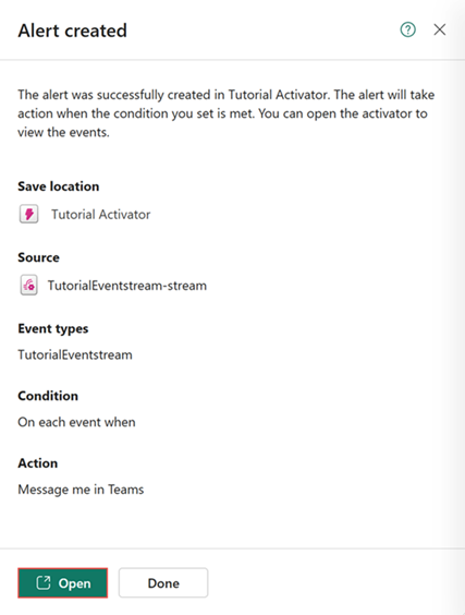 Captura de pantalla del panel De alertas creado en Real-Time Intelligence.