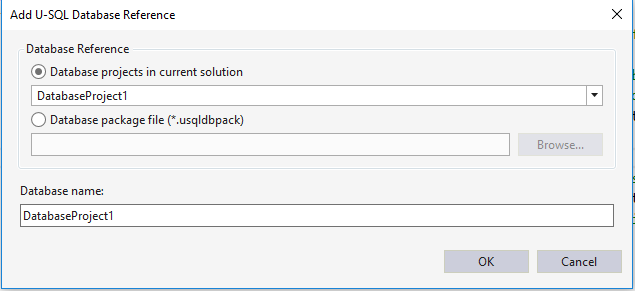 Asistente para agregar referencias de proyectos de base de datos de Data Lake Tools para Visual Studio