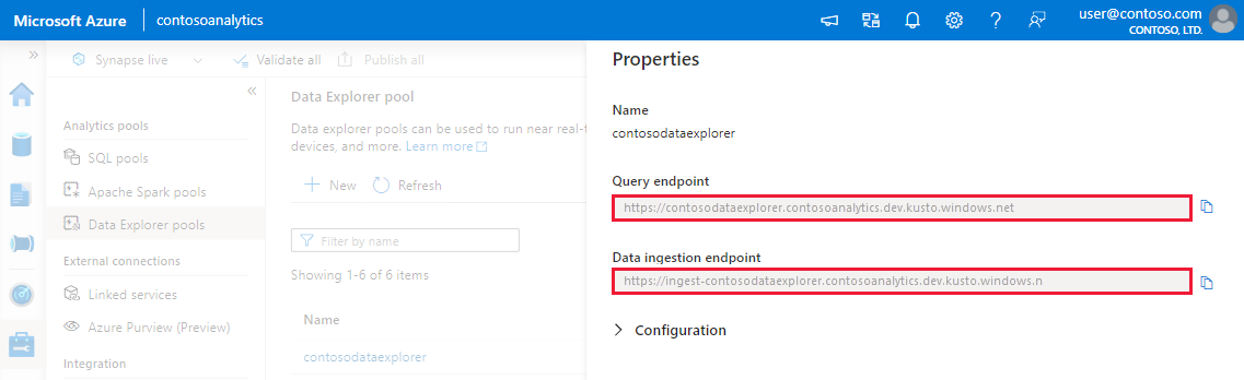 Captura de pantalla del panel de propiedades de los grupos de Data Explorer, en la que se muestran las direcciones URI de ingesta de datos y consulta.