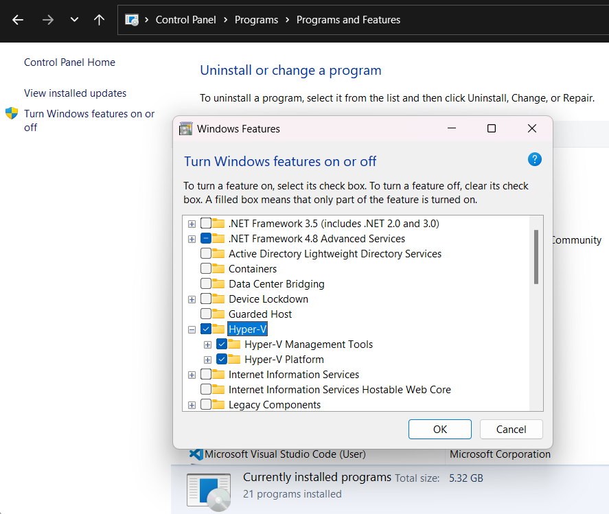 Cuadro de diálogo Programas y características de Windows