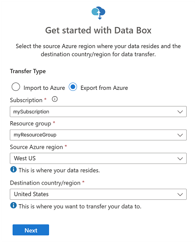 Screen capture of the required data fields when creating a Data Box export order.