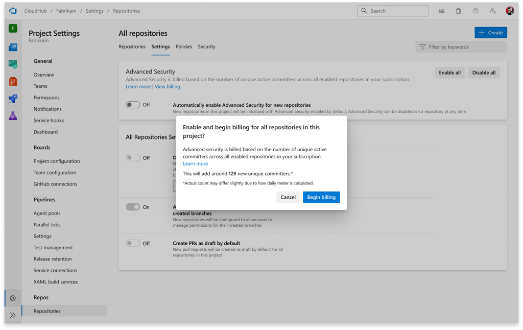 Screenshot of Advanced Security pop up with an estimated committer count.