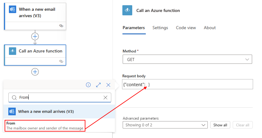 Screenshot that shows a Standard workflow and a Call an Azure function action pane with a Request body example for the context object payload.