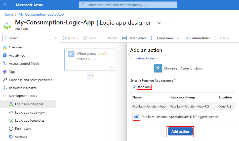 Screenshot that shows the Consumption workflow designer with a selected function app and function in Add an action.