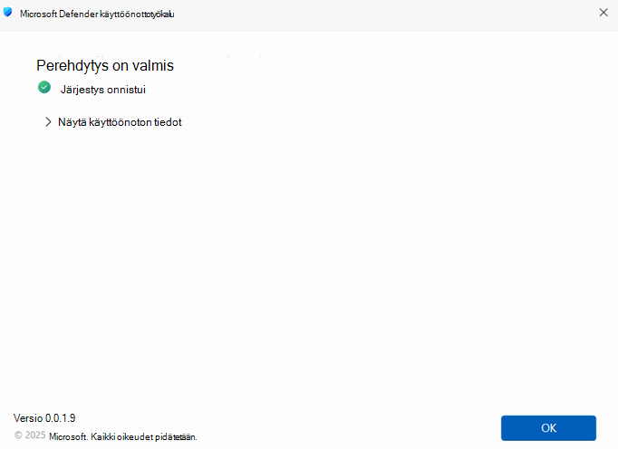 Näyttökuva, jossa näkyy viesti, joka ilmaisee, että perehdytys on valmis.