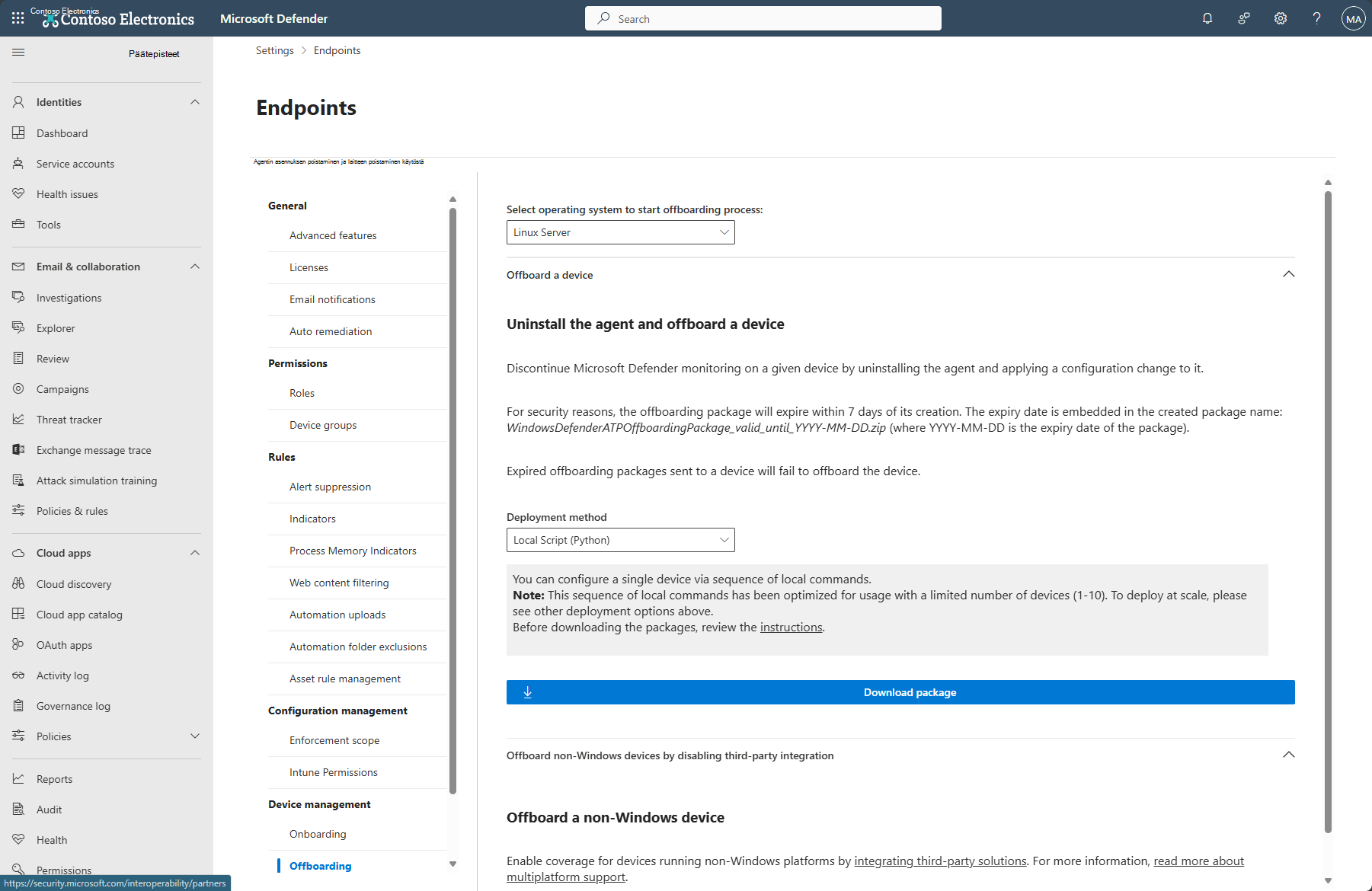 Näyttökuva, jossa näkyy offboarding-sivu Microsoft Defender portaalissa.