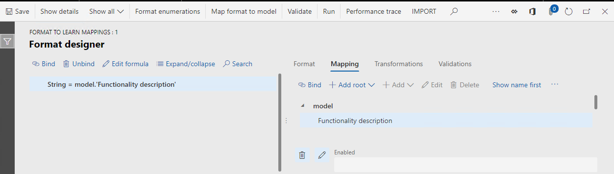 Screenshot of the ER format designer page.