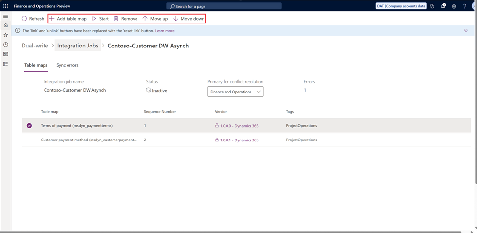 Screenshot of the integration jobs page showing table maps and job status.