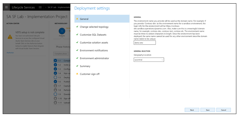 Screenshot of deployment settings.