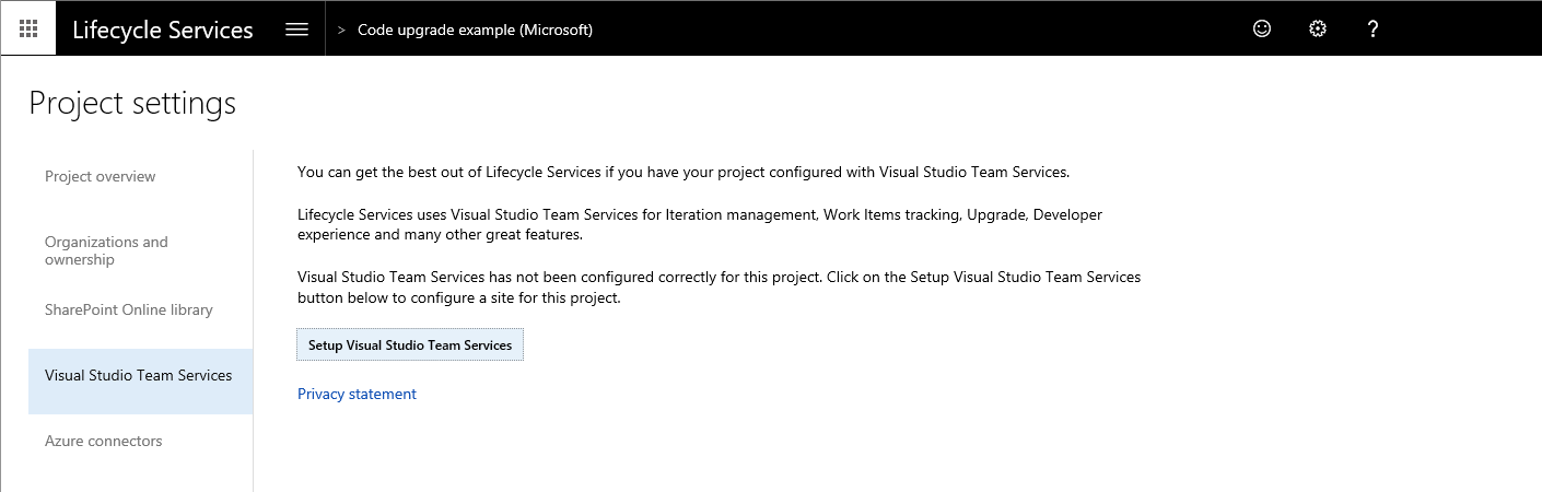 Screenshot of the Lifecycle Services VSTS setup page.
