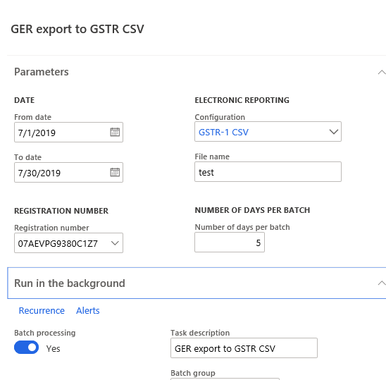 Screenshot of the GER export to GSTR CSV dialog box.