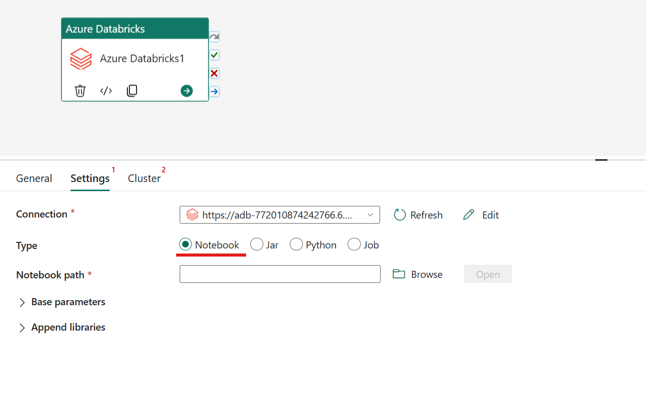 Näyttökuva, jossa näkyy Azure Databricks -aktiviteetin Notebooks-tyyppi.