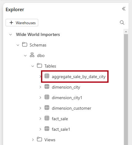 Hallintaruudun näyttökuva, jossa korostetaan juuri luotua taulukkoa.