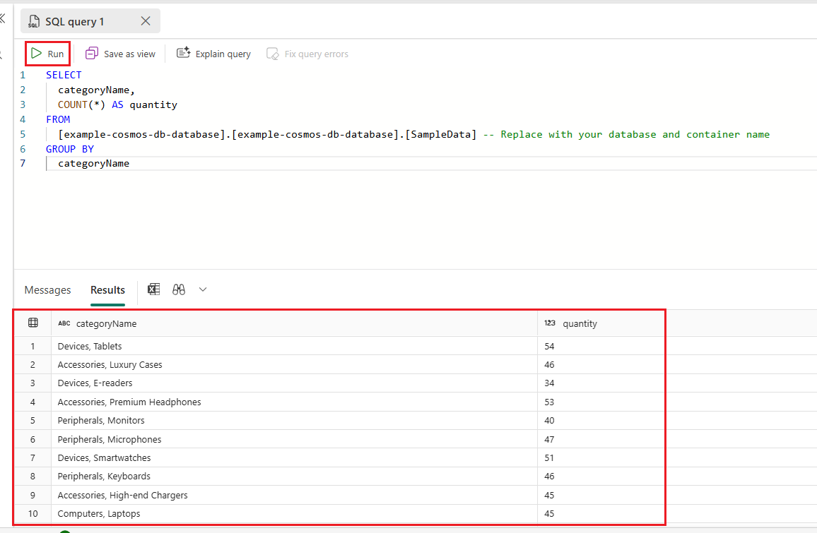 Kuvakaappaus Transact SQL (T-SQL) -kyselystä, jossa käytetään SQL-analytiikan päätepisteen kyselyeditoria perustilanteessa.