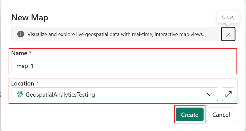 Näyttökuva Uusi kartta -sivusta, jossa on kartan nimi ja oletustyötila.