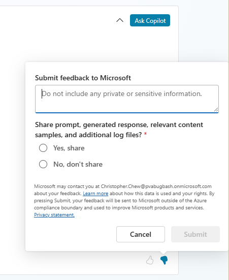 Näyttökuva Lähetä palautetta Microsoftille -paneelista.