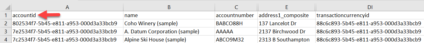 Asiakas-taulukon mallituontitiedosto, jossa on perusavaimena on accountid.
