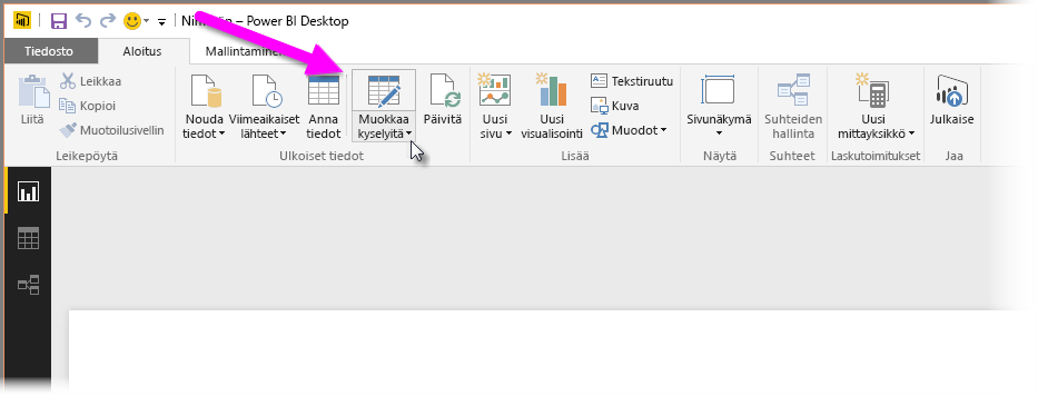 Kuvakaappaus Power Query Editorista Power BI Desktopissa, jossa näkyy Transform-datan valinta.