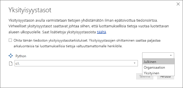 Kuvakaappaus yksityisyystasojen dialogista, jossa näkyy, että julkinen on asetettu.