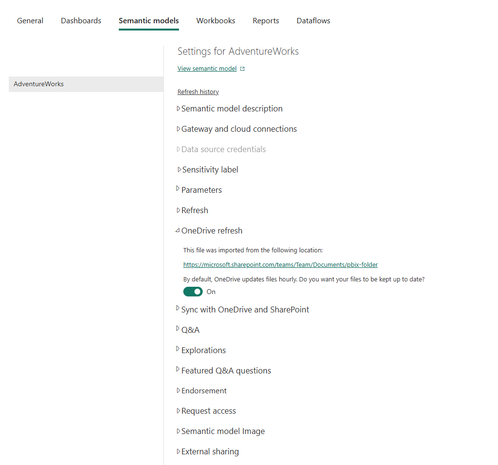 Semanttisen mallin asetusten näyttökuva, jossa näkyy OneDrive Refresh -osio avoimena.