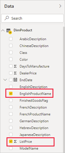 Näyttökuva Tiedot-ruudusta, jossa EnglishProductName- ja ListPrice-kentät on korostettu.