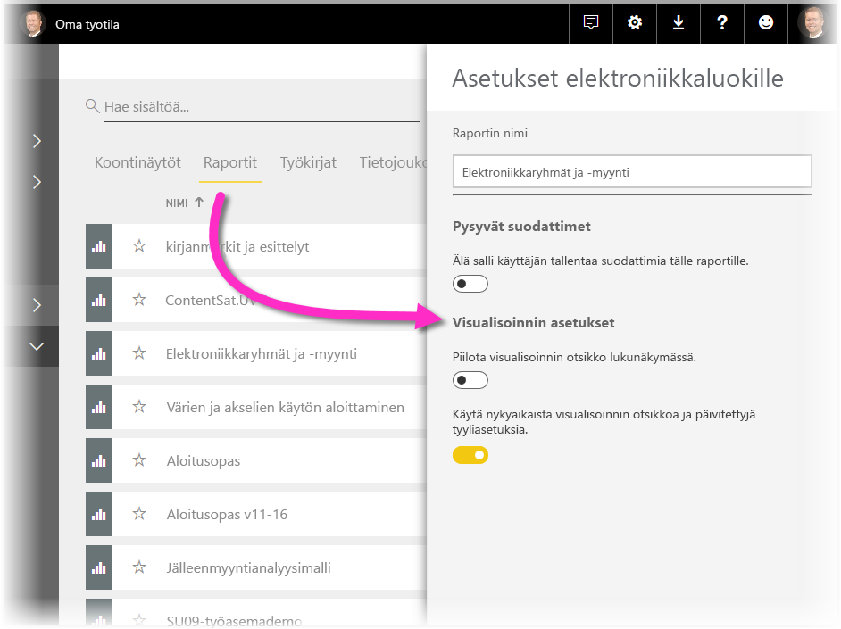 Kuvakaappaus Power BI -palvelun raportin asetuksista.