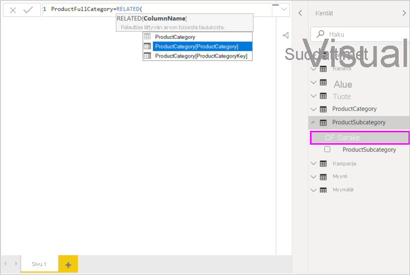Näyttökuva ProductCategory-funktiosta, joka on valittu kaavariviltä Liittyvä-funktiolle.